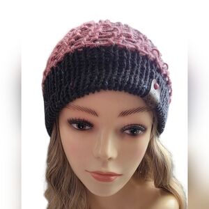 Handmade knitted beanie toque knit mesh overlay vegan leather tag slight slouch